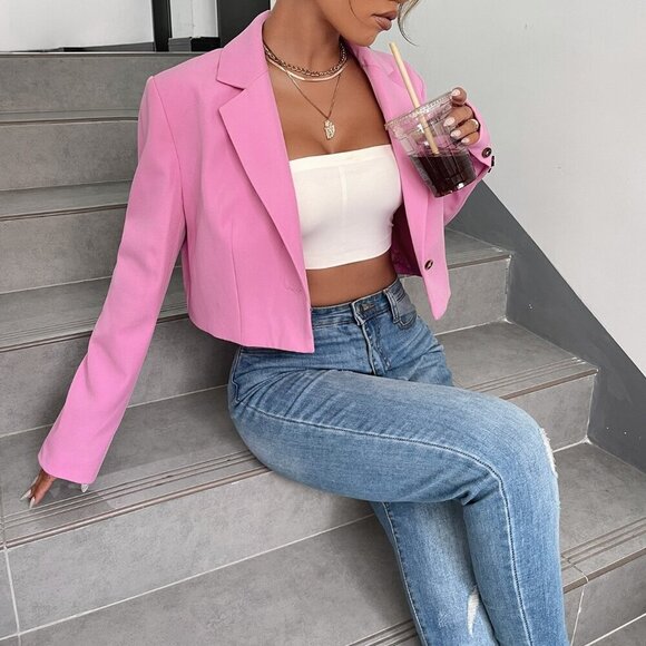 Baby Pink Elegant Women's Lapel Collar Single Button Blazer Workwear - Picture 7 of 7